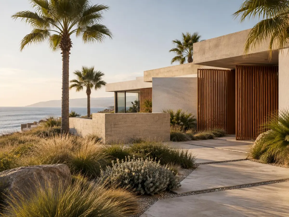 Modern concrete and wood building with coastal grasses and palms