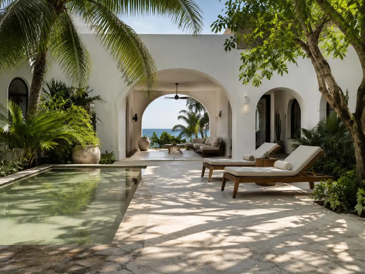 White stucco courtyard with a reflecting pool and lounge chairs under palms