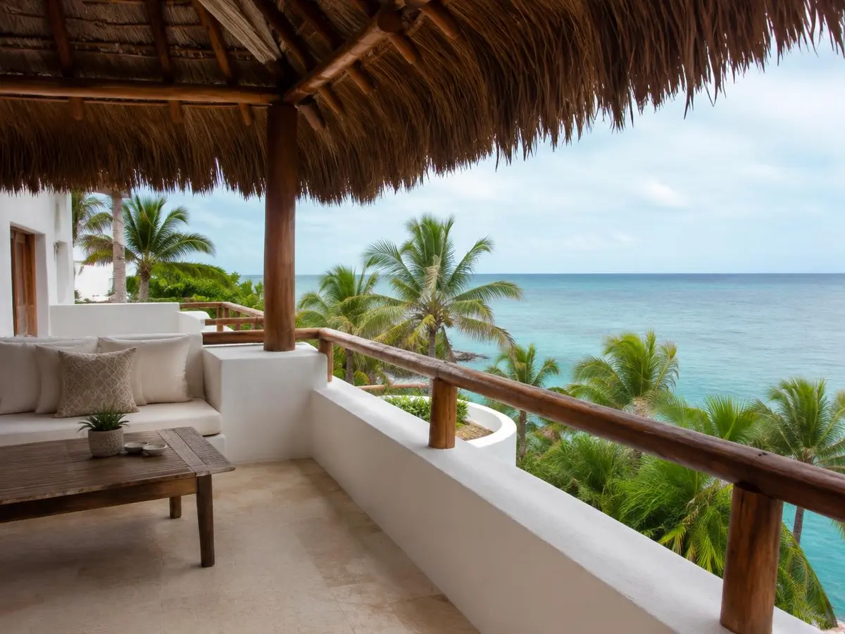 Shaded terrace with a palapa roof overlooking turquoise water
